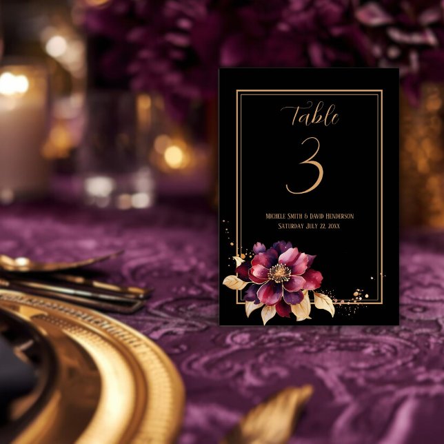 Numeração De Mesa Burgundy de ouro negro e elegante (Elegant white gold burgundy double sided table number.)