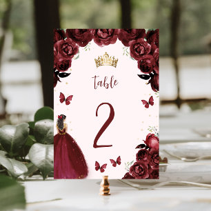 Numeração De Mesa Burgundy Floral Dourada Princesa Quinceañera