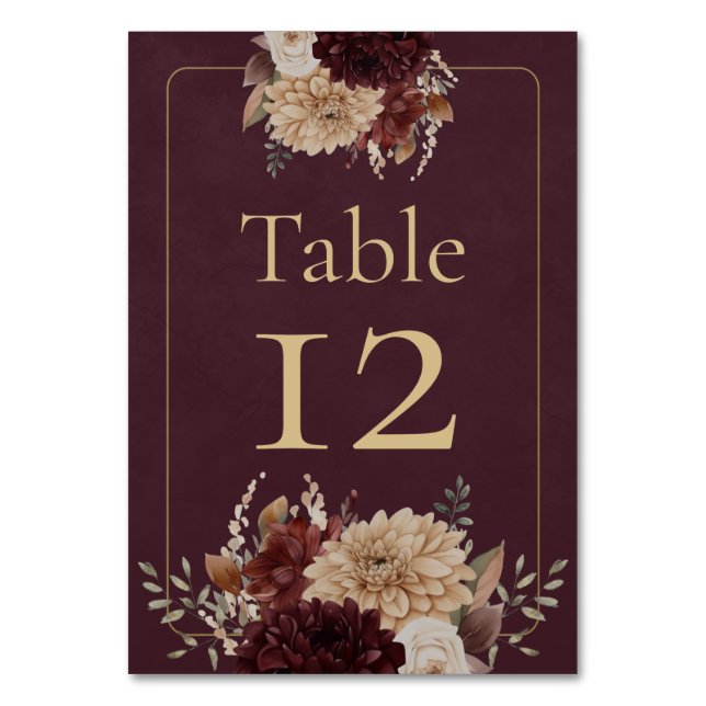 Numeração De Mesa Burgundy Floral Gothic Wedding Table Number (Frente)