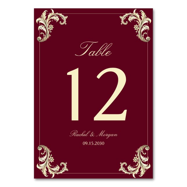 Numeração De Mesa Burgundy Gold Baroque Wedding (Frente)