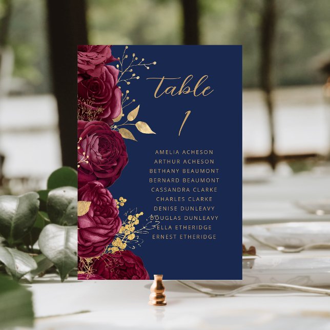 Numeração De Mesa Burgundy Gold Floral Script Navy Blue Wedding (Criador carregado)
