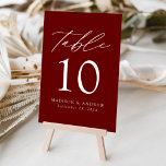 Numeração De Mesa Burgundy Modern Elegance Wedding<br><div class="desc">Trendy, cartões minimalistas de números das mesas de casamento com cartas brancas modernas com "Mesa" em um roteiro de caligrafia moderno. O design apresenta um fundo burguês ou cor de sua escolha. O design repete atrás. Para solicitar os cartões de mesa: adicione seu nome, data do casamento e número da...</div>