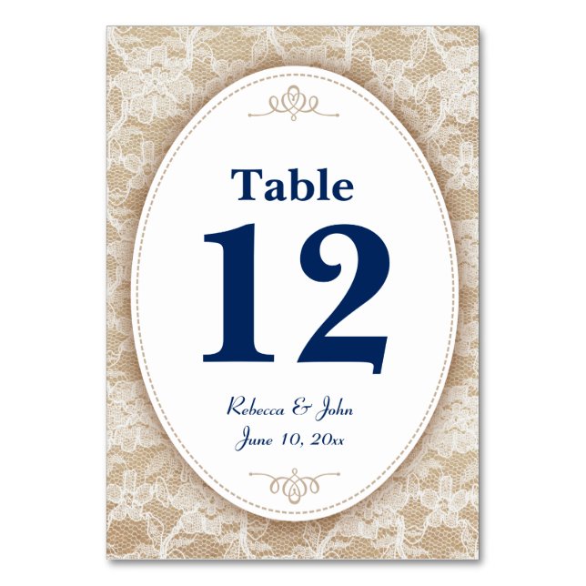 Numeração De Mesa Burlap e Lace com Marinho Blue Number (Frente)