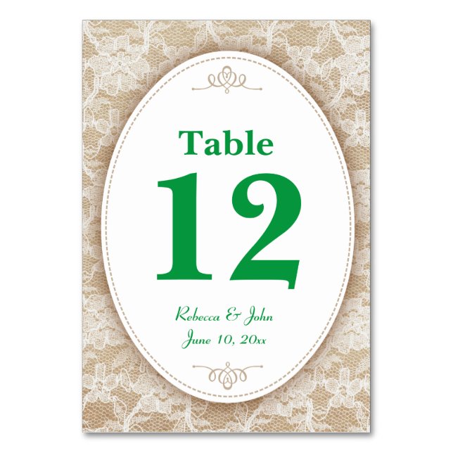 Numeração De Mesa Burlap e Lace e Número da Tabela Verde (Frente)