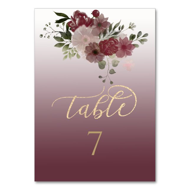 Numeração De Mesa Caligrafia dourada floral em aquarela burgundy (Frente)