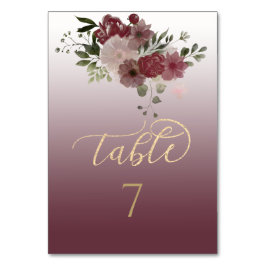 Numeração De Mesa Caligrafia floral em aquarela na cor burgundy dour