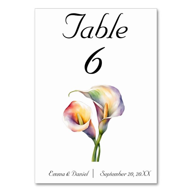 Numeração De Mesa Calla Aquarela Elegante Lírios Românticos (Frente)
