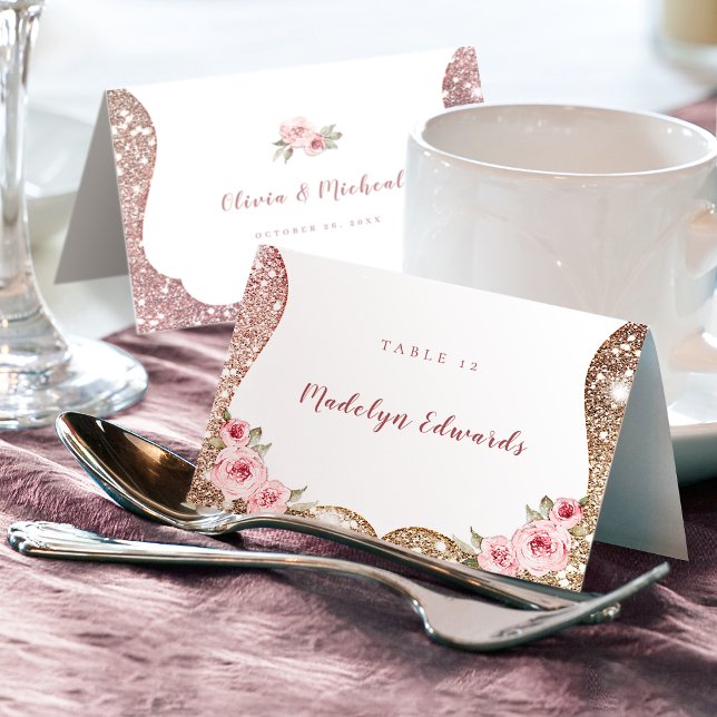 Numeração De Mesa Cartãozinho de lugar com brilho em rosa dourado (Sparkle rose gold glitter floral Place Card)