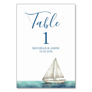 Numeração De Mesa Casamento aquarela náutica barco à vela moderno 