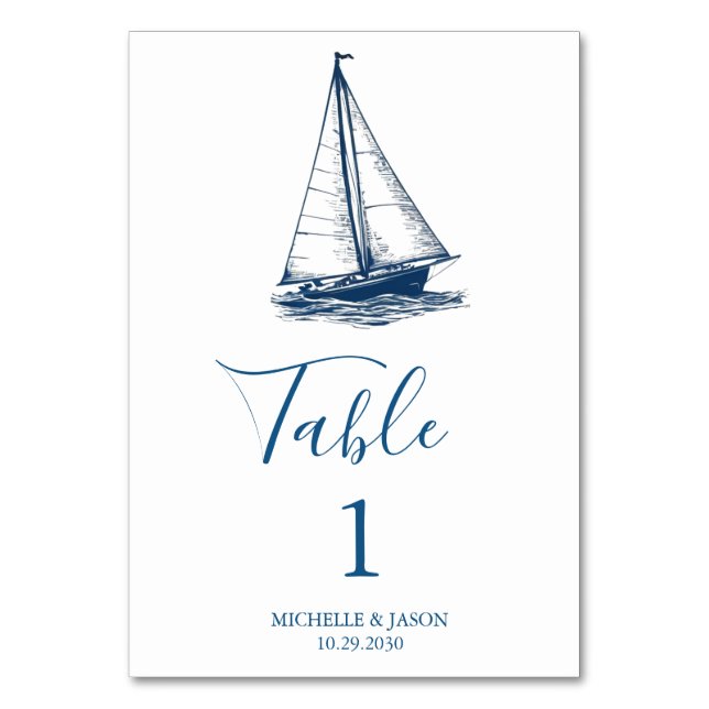 Numeração De Mesa Casamento Aquarela Náutica de Barco à Vela Moderno (Frente)