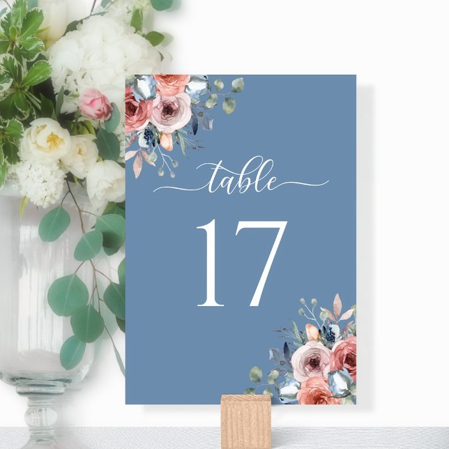 Numeração De Mesa Casamento Azul de Derrame Floral Feliz Elegante (Criador carregado)