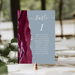 Numeração De Mesa Casamento Azul Dusty de Agata Prateada<br><div class="desc">A borda esquerda desta elegante e moderna placa de número da mesa de casamento apresenta uma borda vermelha e borrifada de cor-d-água cortada com falso brilho prateado. A palavra "mesa" aparece em um guião branco de escrita manual sobre um fundo azul empoeirado. Adicione os nomes dos seus convidados que estão...</div>