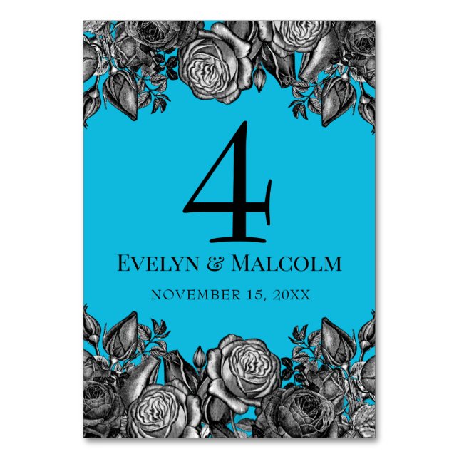 Numeração De Mesa Casamento Azul Elétrico de Rosas Negras e Brancas (Frente)