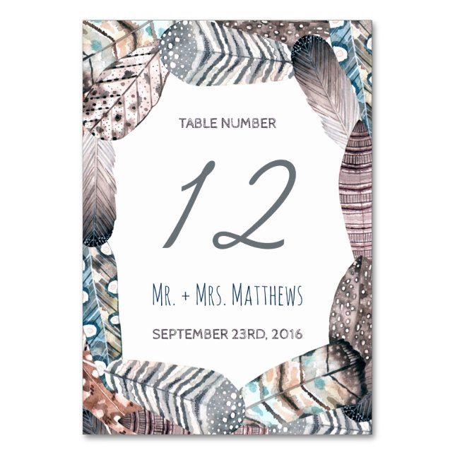 Numeração De Mesa Casamento Boêmia de Penas Tribais Modernas (Frente)