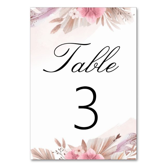 Numeração De Mesa Casamento Boho Chic com Rosa Pampas e Champanhe (Frente)
