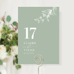 Numeração De Mesa Casamento Botânico Mínimo Verde Elegante<br><div class="desc">Guie seus convidados para a mesa deles com este cartão de número da mesa de casamento verde-pálida elegante. Na moda e design simples com nomes para o lado, juntamente com o "e" na caligrafia moderna manuscrita. Delicado detalhe de canto botânico verde desenhado à mão. Por favor, faça um pedido individual...</div>
