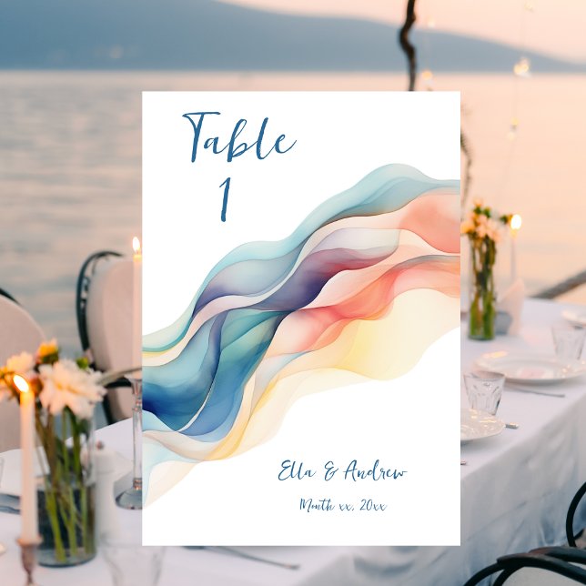 Numeração De Mesa Casamento Branco Azul Onda Abstrato Moderno (Modern Abstract Wedding Design Wedding Table Card)