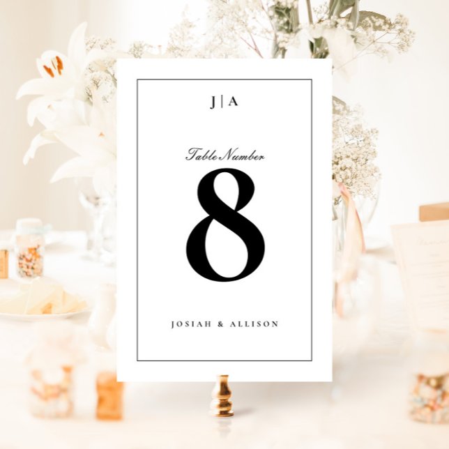 Numeração De Mesa Casamento Branco e Negro Clássico (Elegant black and white wedding monogram table numbers.)