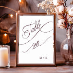 Numeração De Mesa Casamento Burgundy Luxury Calliografia Número 20,<br><div class="desc">Mesa 20. Verifique todos os números disponíveis. | Luxo e elegante número da mesa de casamento com caligrafia elegante com suas iniciais. Para uma personalização mais avançada deste design,  clique no BOTÃO FERRAMENTA DESIGN AZUL acima!</div>