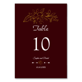 Numeração De Mesa Casamento Burgundy Profundo Floral Ouro Minimalist