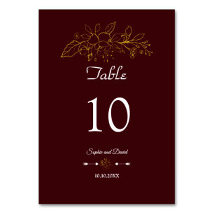 Numeração De Mesa Casamento Burgundy Profundo Floral Ouro Minimalist