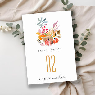 Numeração De Mesa Casamento Chic Autumn Harvest Pumpkin Watercolor