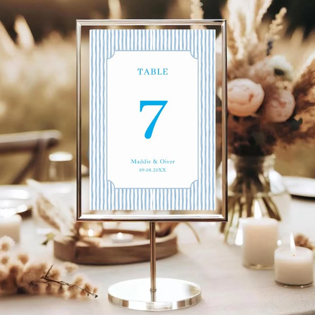 Numeração De Mesa Casamento Clássico Listrado Azul Aquarela (Criador carregado)