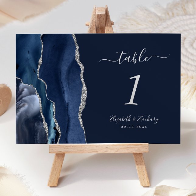 Numeração De Mesa Casamento com Agata Azul de Prata Marinho Moderno (Criador carregado)