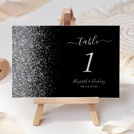 Numeração De Mesa Casamento com Borda de Brilho Preto Prata Moderno