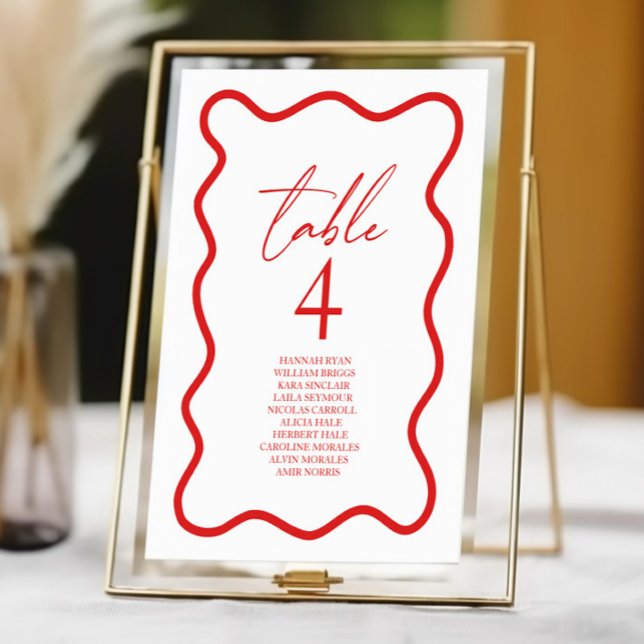 Numeração De Mesa Casamento com Borda Ondulada Elegante Vermelha e B (Criador carregado)