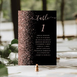 Numeração De Mesa Casamento com brilho Dourado Rosa negro<br><div class="desc">A borda esquerda desta elegante e moderna placa de número da mesa de casamento apresenta uma borda falsa de ouro rosa. A palavra "mesa" aparece em um guião branco rosa cor-de-rosa sobre um fundo preto. Adicione os nomes dos seus convidados que estão atribuídos a cada mesa.</div>