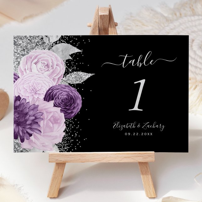 Numeração De Mesa Casamento com Brilho Prata Roxo Floral (Criador carregado)