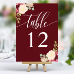 Numeração De Mesa Casamento com Caligrafia Floral de Profundo Merlot<br><div class="desc">Elevem sua recepção de casamento com esses números elegantes. Apresentando um design floral de aquarela cativante em merlot rico e matizes vermelhos profundos, aliados a uma caligrafia graciosa, estas placas adicionam um toque de drama e sofisticação à sua configuração de mesa. Personalize com seus números de mesa para um olhar...</div>