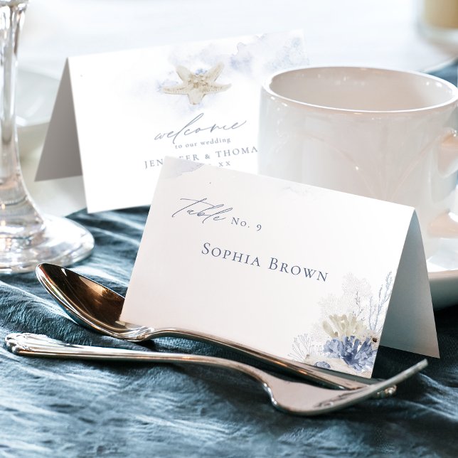 Numeração De Mesa Casamento com coral de aquarela azul e conchas (Blue watercolor coral & seashells beach Wedding Table Number)