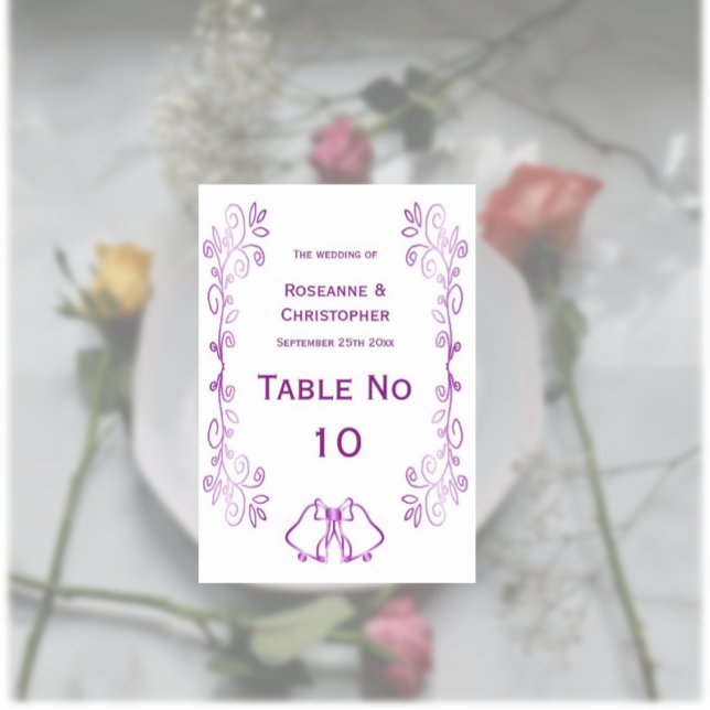 Numeração De Mesa Casamento com Design de Rolagem de Bells Roxos (Purple wedding table number card bells and scrollwork design)