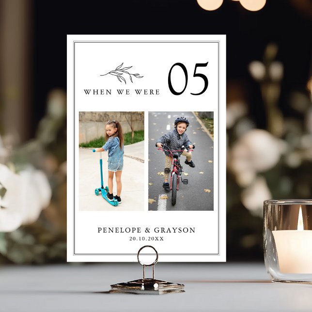 Numeração De Mesa Casamento com Foto Moderna em Preto e Branco Minim (Minimalist Black and White Leaf Modern Wedding Table number card with childhood photos)