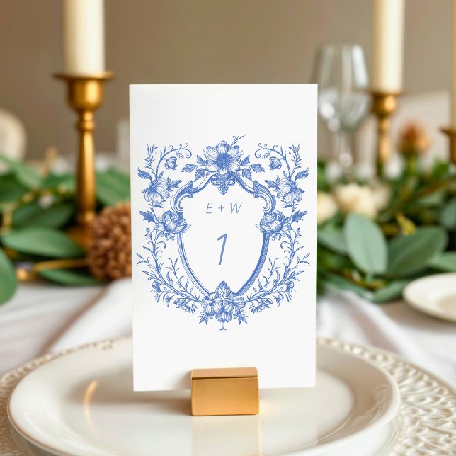Numeração De Mesa Casamento com Monograma de Crista Azul Clássico (Classy Blue Crest Monogram Wedding Table Number)