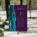 Numeração De Mesa Casamento com Púrpura Dourada Teal<br><div class="desc">A borda esquerda desta elegante e moderna placa de número da mesa de casamento apresenta uma coloração d'água lacrimogênea cortada com falso brilho dourado. A palavra "mesa" aparece em um guião de escrita manuscrita dourada sobre fundo roxo. Adicione os nomes dos seus convidados que estão atribuídos a cada mesa.</div>
