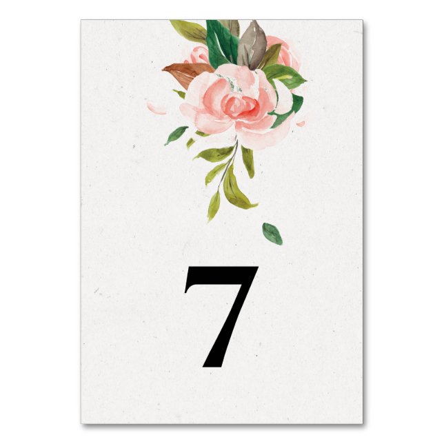Numeração De Mesa Casamento com rosa de aquarela e folhagem (Frente)