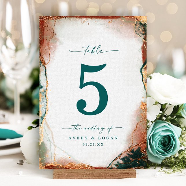 Numeração De Mesa Casamento com Teal e Cobre de Abstrato Moderno (Elegant wedding table number cards with a modern abstract watercolor design in teal and copper)