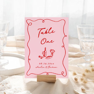 Numeração De Mesa Casamento Cor-de-Rosa e Vermelho Desenhado à Mão C