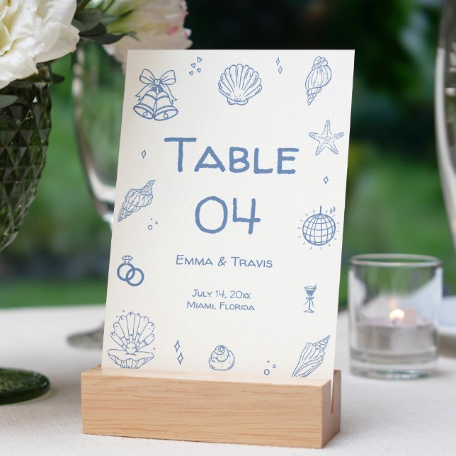 Numeração De Mesa Casamento Costeiro Azul Dusty Desenhado à Mão (Criador carregado)