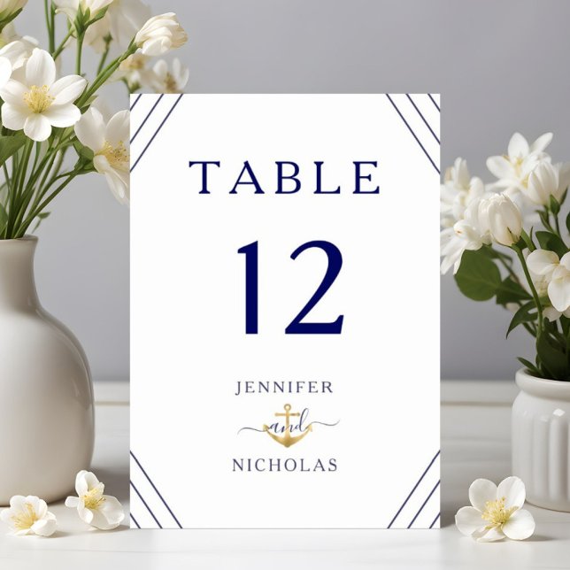 Numeração De Mesa Casamento de Âncora Dourado com Stripes Náuticas (Nautical Stripes Gold Anchor Wedding Table Number)