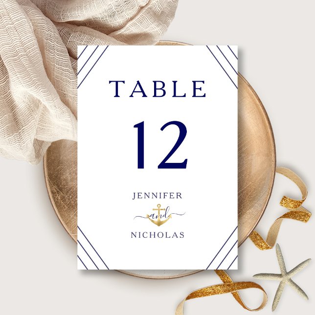 Numeração De Mesa Casamento de Âncora Dourado com Stripes Náuticas (Nautical Stripes Gold Anchor Wedding Table Number)