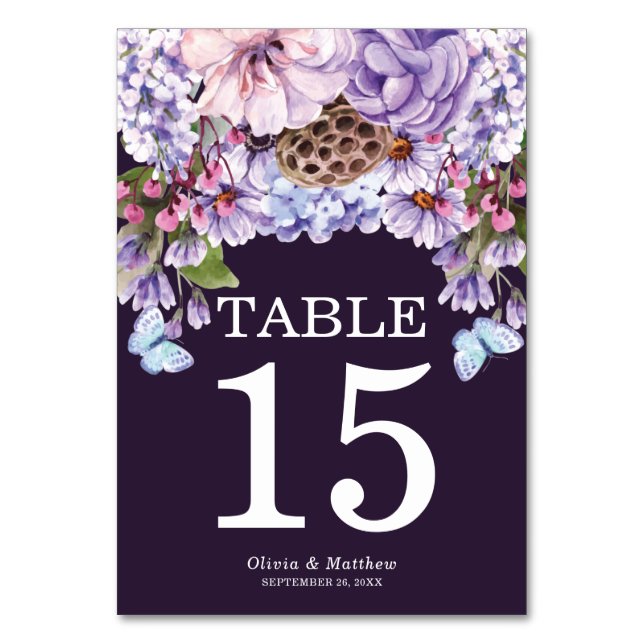 Numeração De Mesa Casamento de Aquarela Floral Roxo Elegante (Frente)