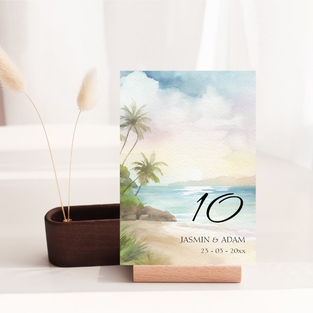 Numeração De Mesa Casamento de Árvore de Palmeira de Praia Tropical  (Watercolor Tropical Beach Palm Trees Wedding Table Number)