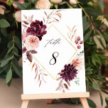 Numeração De Mesa Casamento de Autumn Romance Dourado Frame Burgundy<br><div class="desc">Este número da mesa de casamento apresenta uma camada de dahlias, rosas de jardim e pedras em vermelho-burgundy, marrom, rosa-pincelado sobre folhas de outono com uma falso estrutura em forma de diamante de ouro. Para uma personalização mais avançada deste design, clique no BOTÃO FERRAMENTA DESIGN AZUL. Itens correspondentes também estão...</div>