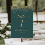 Numeração De Mesa Casamento de Borda Dourada Verde-Escuro Moderno<br><div class="desc">A borda superior deste elegante número moderno da mesa de casamento apresenta um design dourado faux glitter. O texto personalizável combina manuscritos dourados,  copperplate e fontes itálicas em um fundo verde escuro.</div>