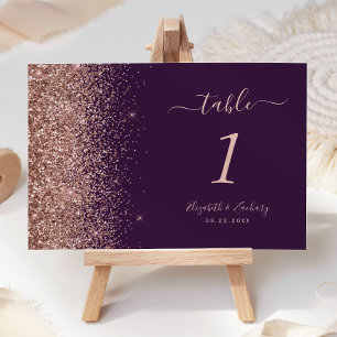 Numeração De Mesa Casamento de Borda Glitter Dourada com Rosa Roxo E