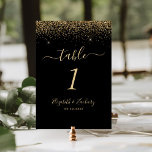Numeração De Mesa Casamento de Borda Glitter Dourada e Preta Moderna<br><div class="desc">A borda superior deste elegante número moderno da mesa de casamento apresenta um design dourado faux glitter. O texto personalizável combina uma letra pálida de cor dourada,  uma letra copperplate e uma letra itálica num fundo preto.</div>